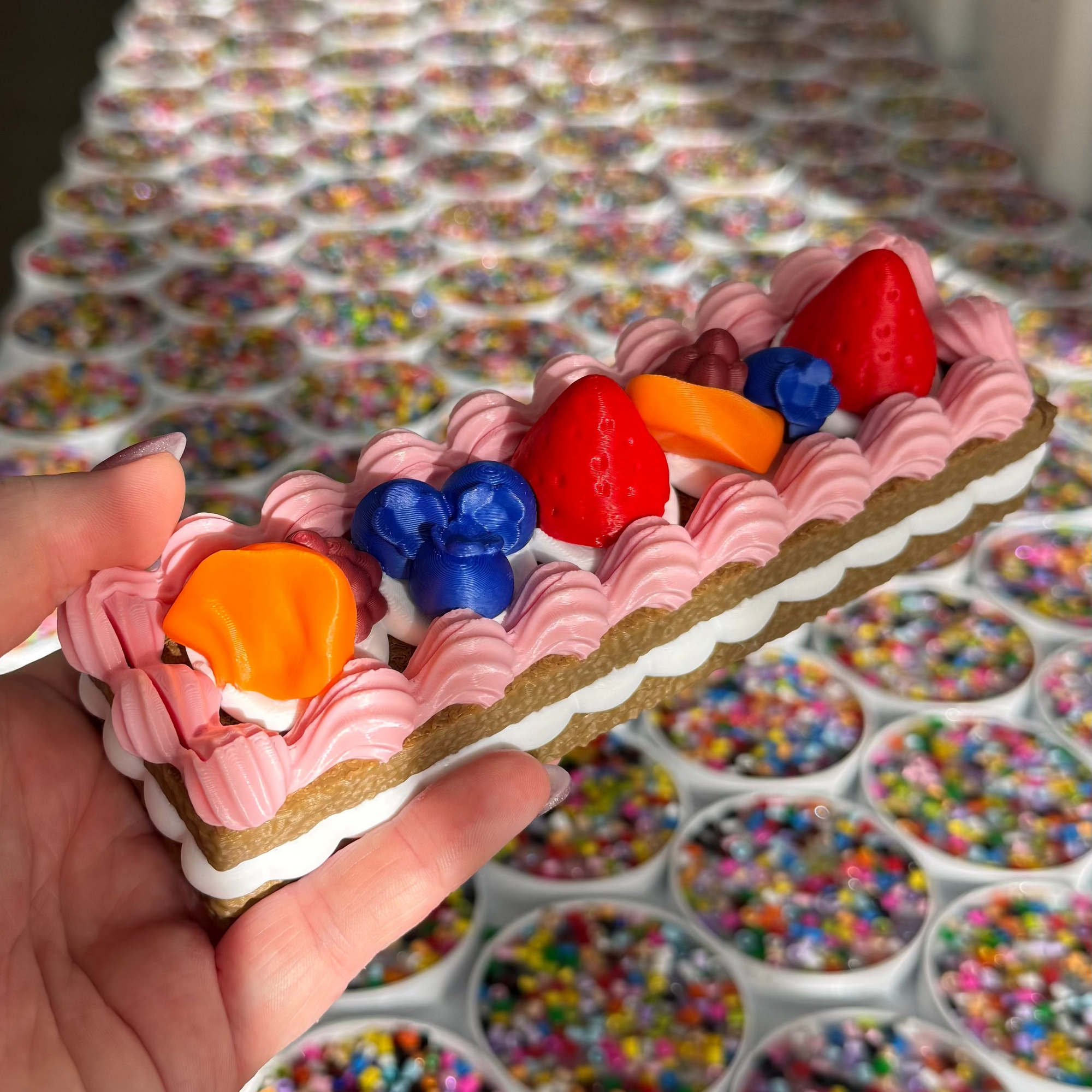 Picky Pads Cake Pill Organizer by MochiMakes with pink icing, white frosting and berries and mandarin