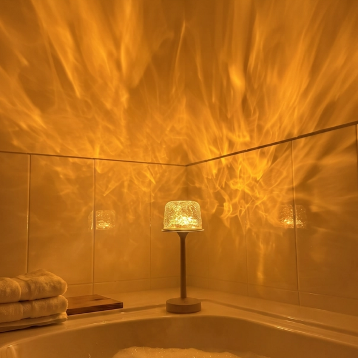 A warm, golden-lit bathroom scene with a bubbling bathtub in the foreground and a small table lamp on the tub edge. The light casts dramatic flame-like patterns across the tiled wall and ceiling.