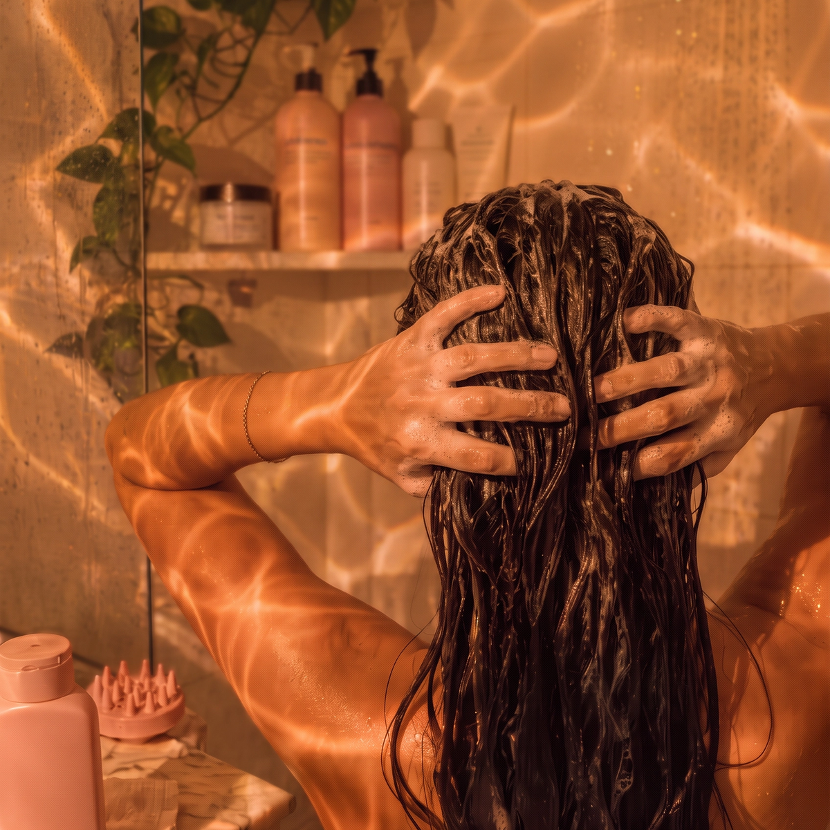 A person with long, wet, dark hair is shown from behind in a shower, with warm orange light casting patterns across the tiled wall and shelves holding shampoo bottles and a plant.