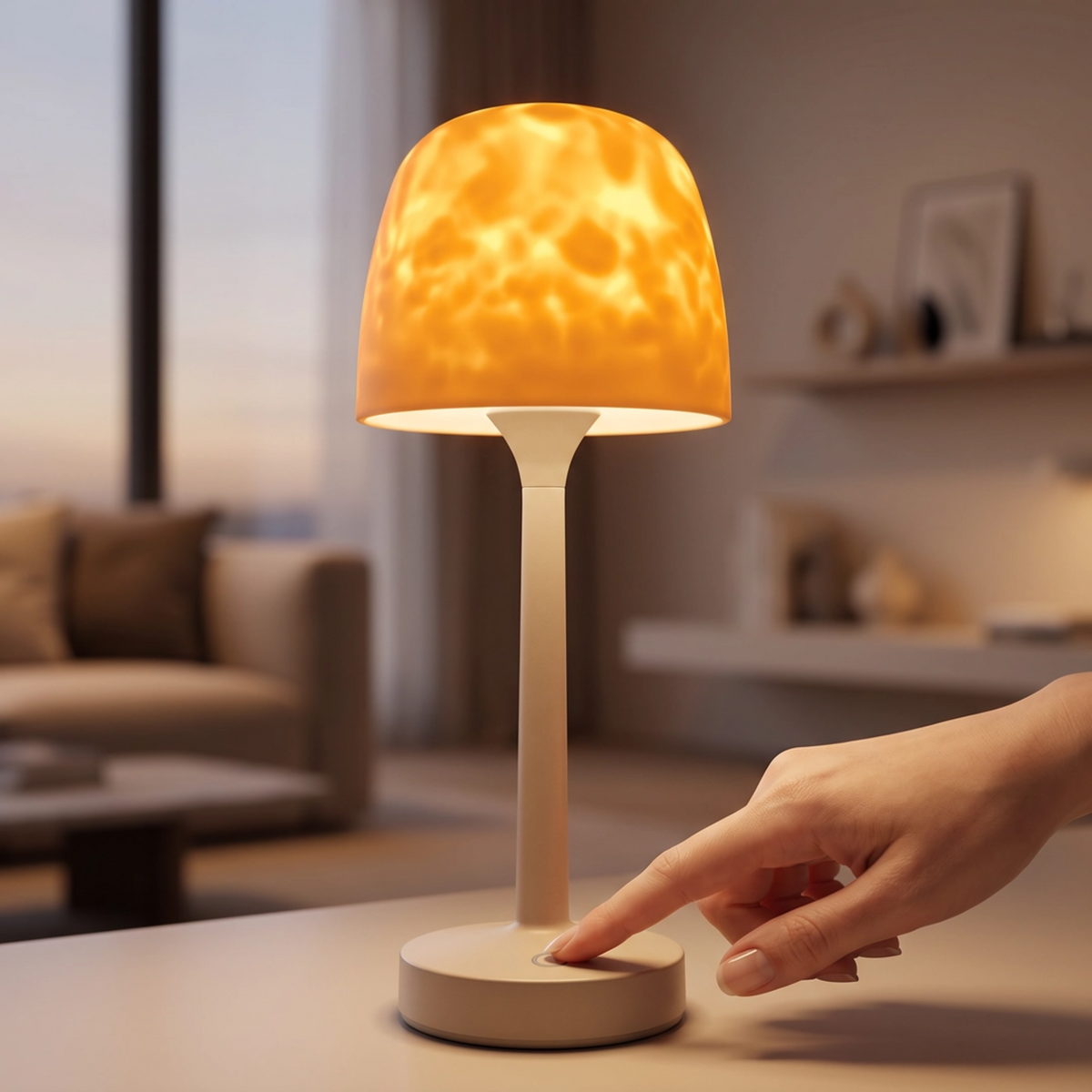 A small table lamp with a glowing warm yellow marbled shade and a cream-colored stem and base, shown on a tabletop in a softly blurred living room. A hand is touching the round base.