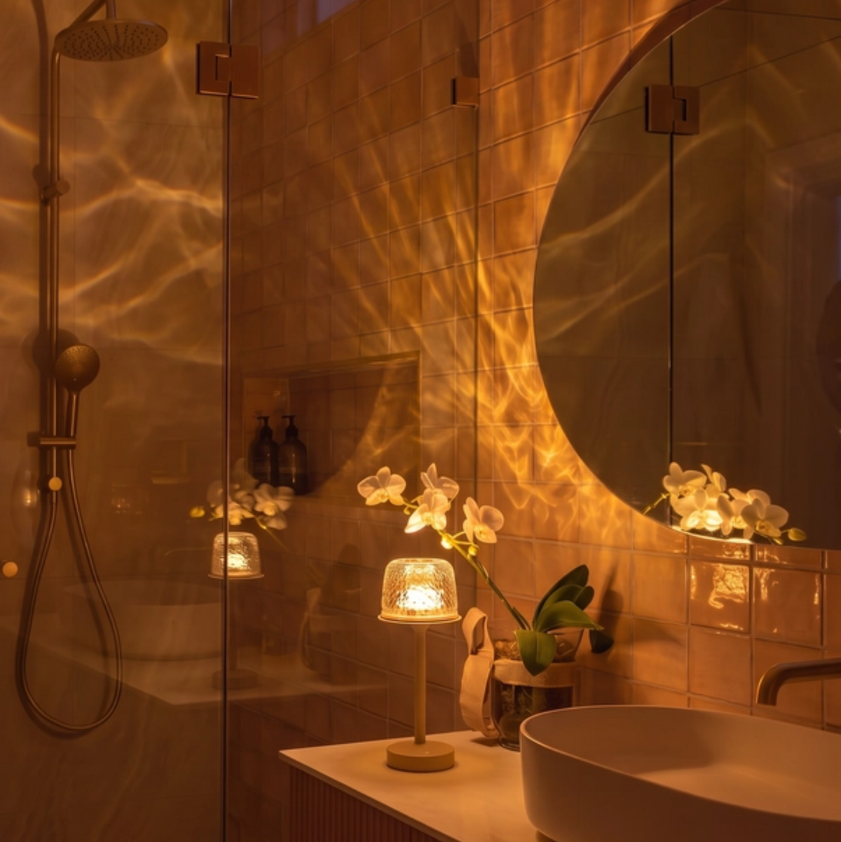A modern bathroom interior with warm amber lighting casting dramatic shadows across tiled walls, a round vessel sink, a small table lamp, white orchids, and a large mirror.